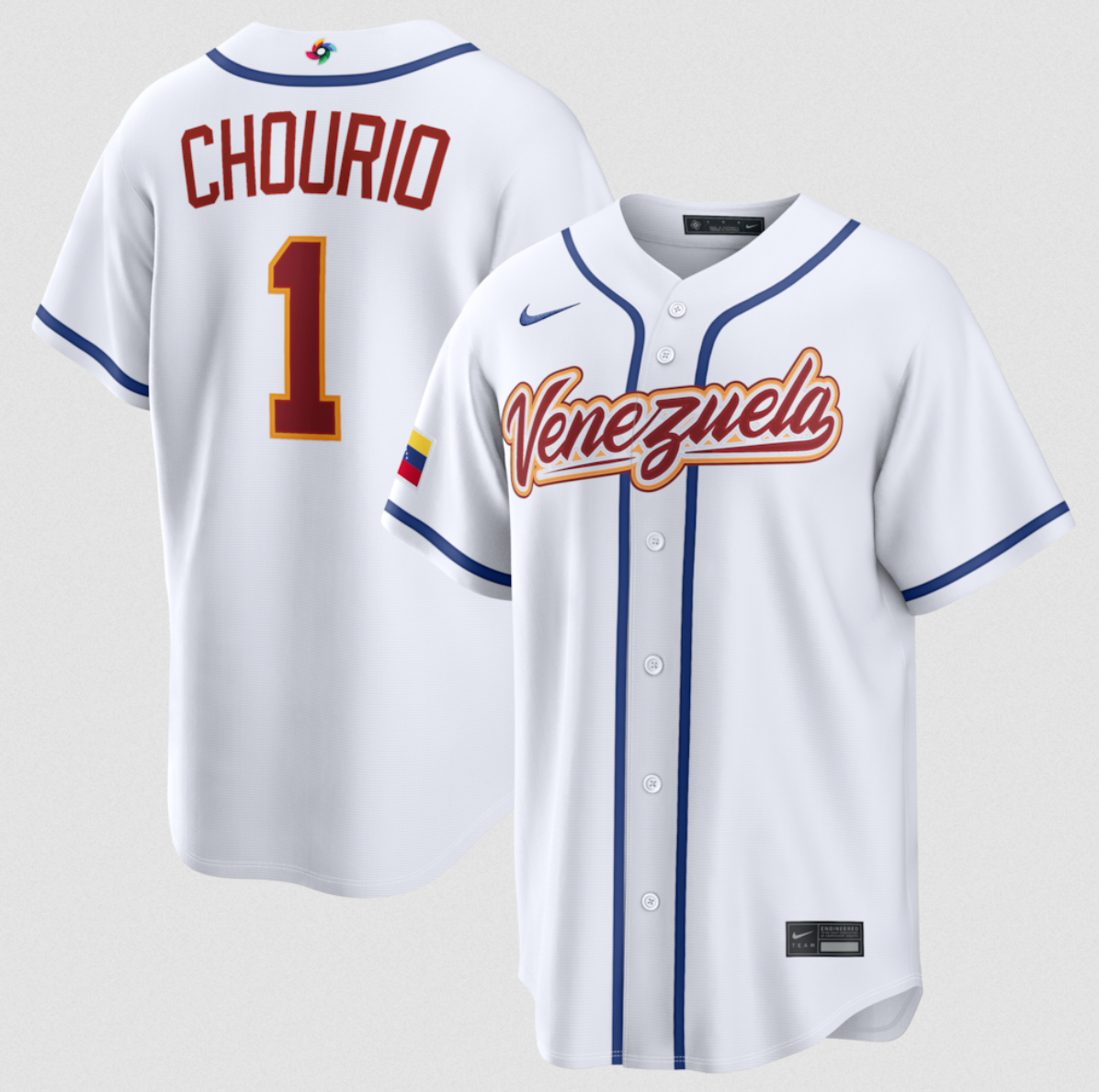 Men's Venezuela Baseball #1 Jackson Chourio White 2026 World Baseball Classic Home Stadium Stitched Jersey